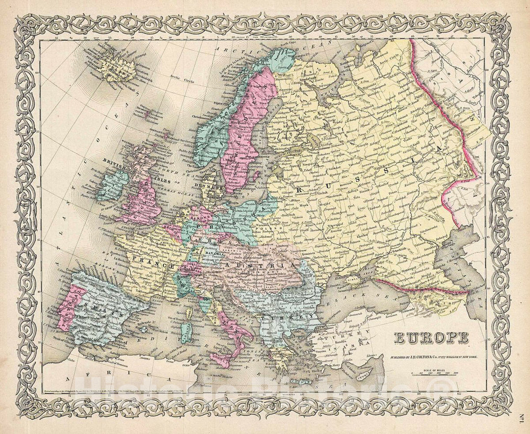 Historic Map : Colton Map of Europe, 1856, Vintage Wall Art