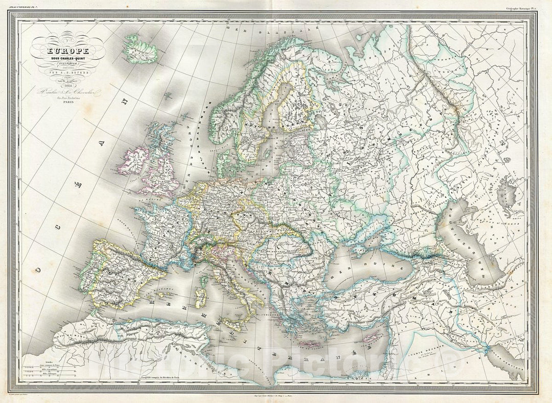 Historic Map : Dufour Map of Europe Under Charles V, 1860, Vintage Wall Art