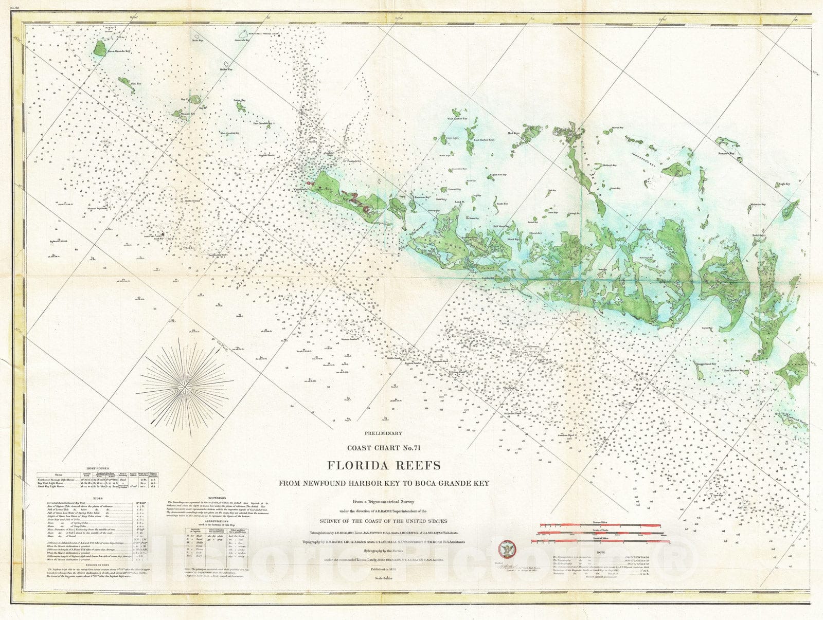 Historic Map : U.S. Coast Survey Map or Nautical Chart of The Florida Keys and Key West, 1859, Vintage Wall Art :