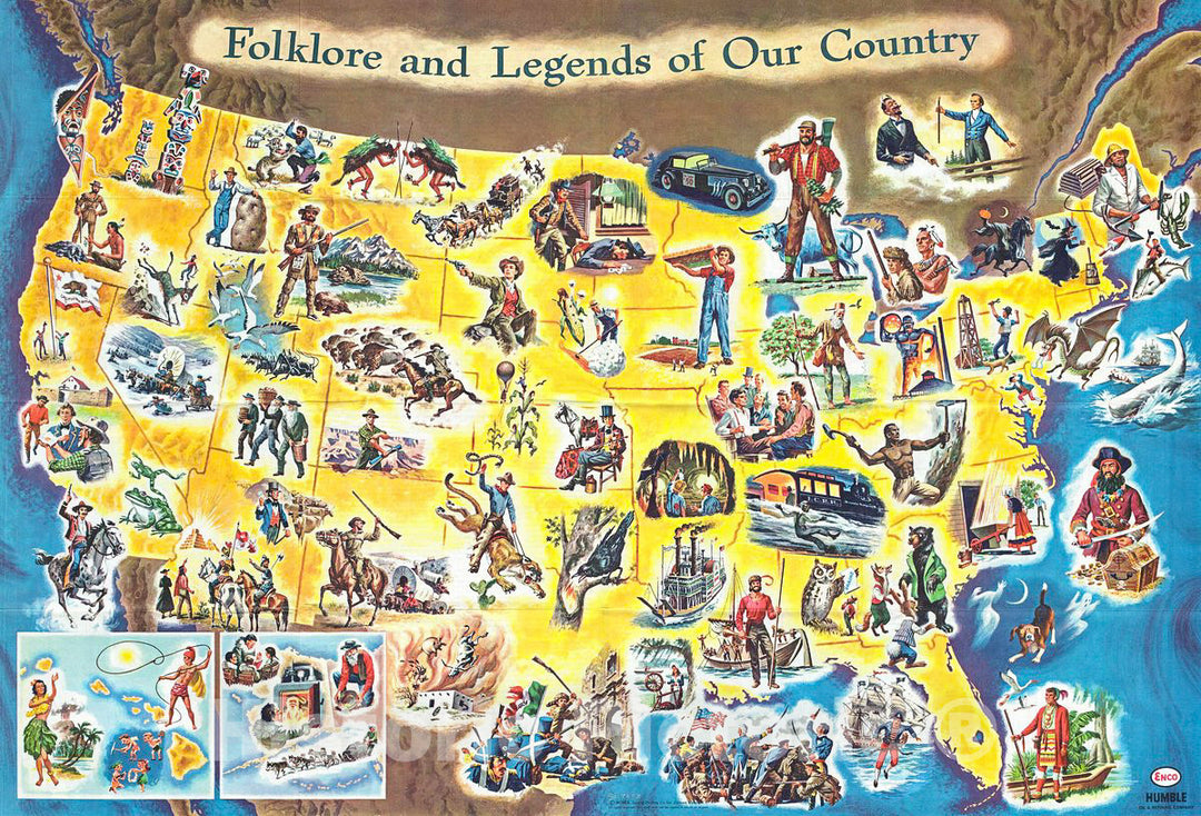 Historic Map : Enco Folklore and Legends Map of The United States, 1962, Vintage Wall Art