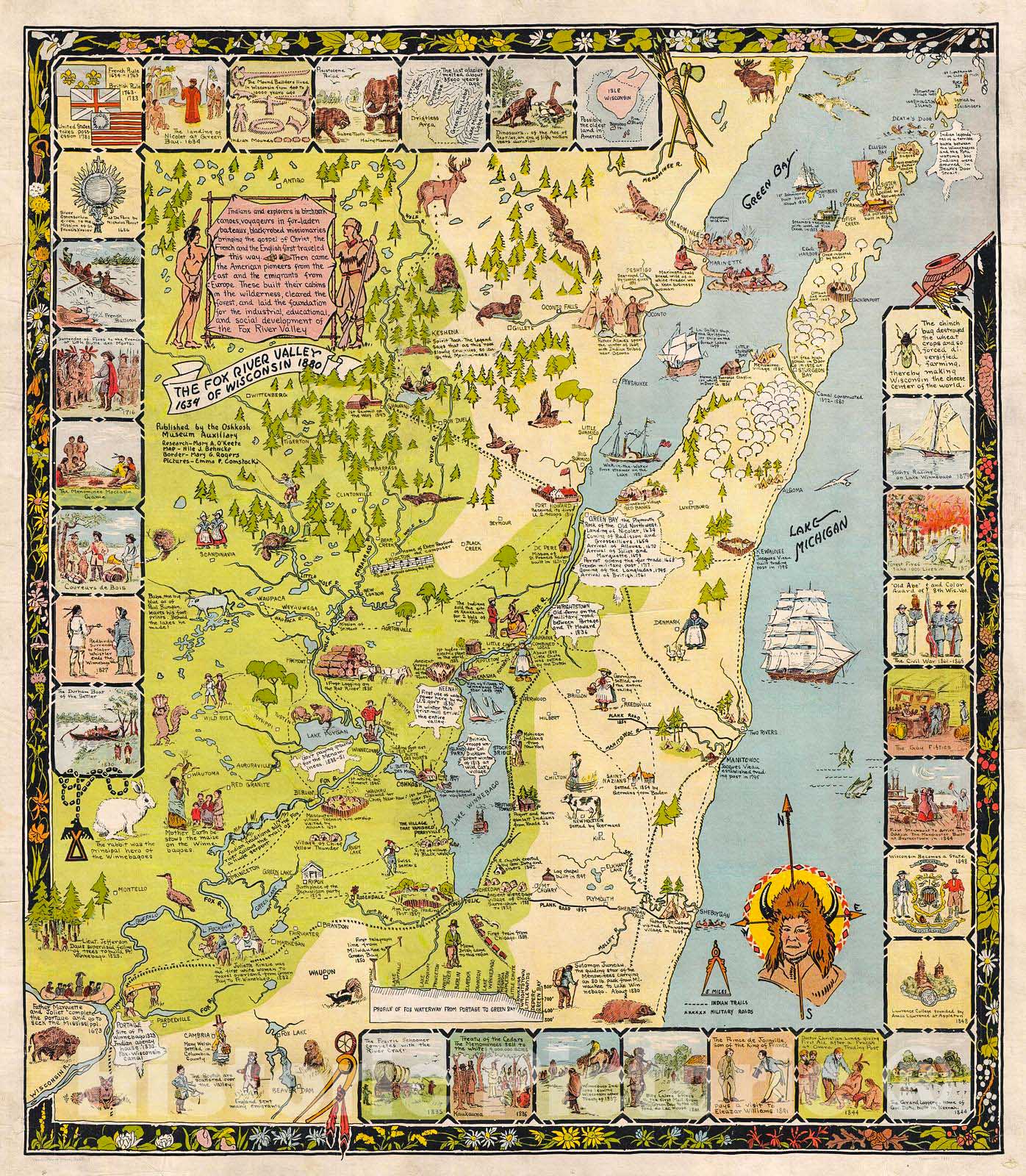 Historic Map : Behncke Pictorial Antique Map of The Foin x River Valley and Green Bay, Wisconsin, 1931, Vintage Wall Art