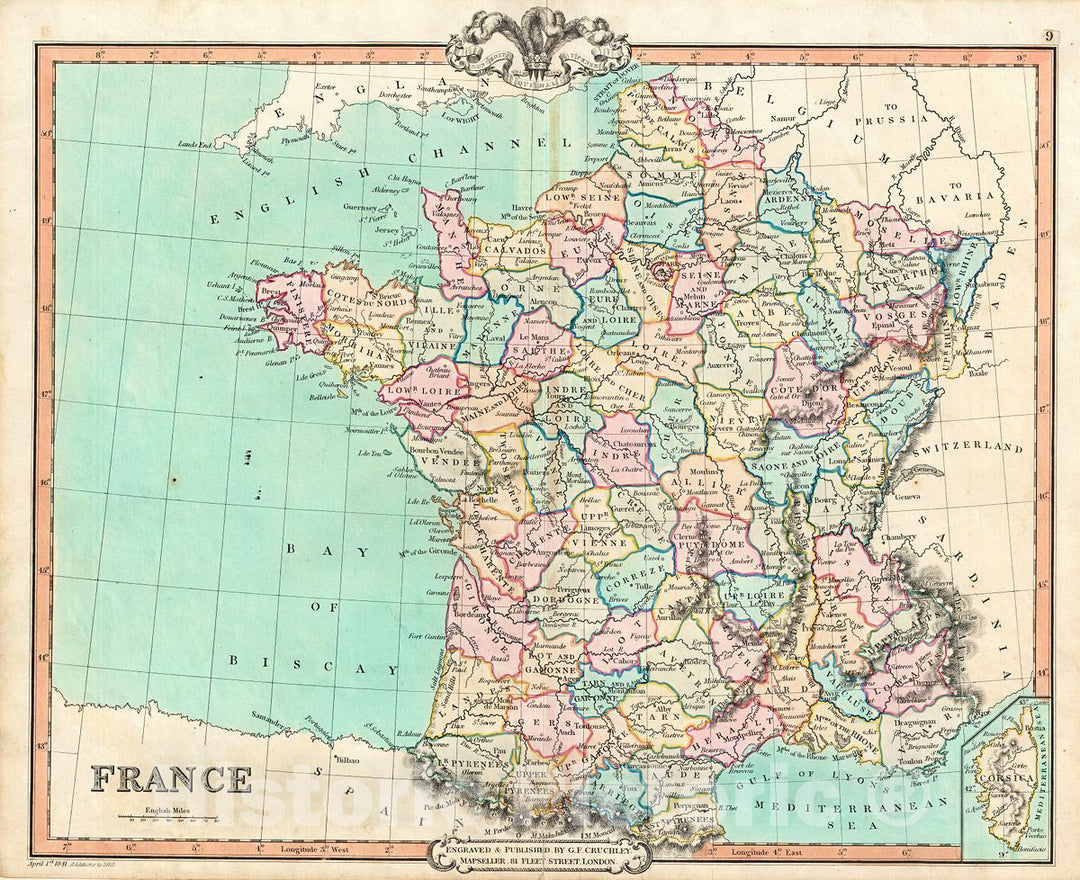 Historic Map : Cruchley Map of France, 1850, Vintage Wall Art