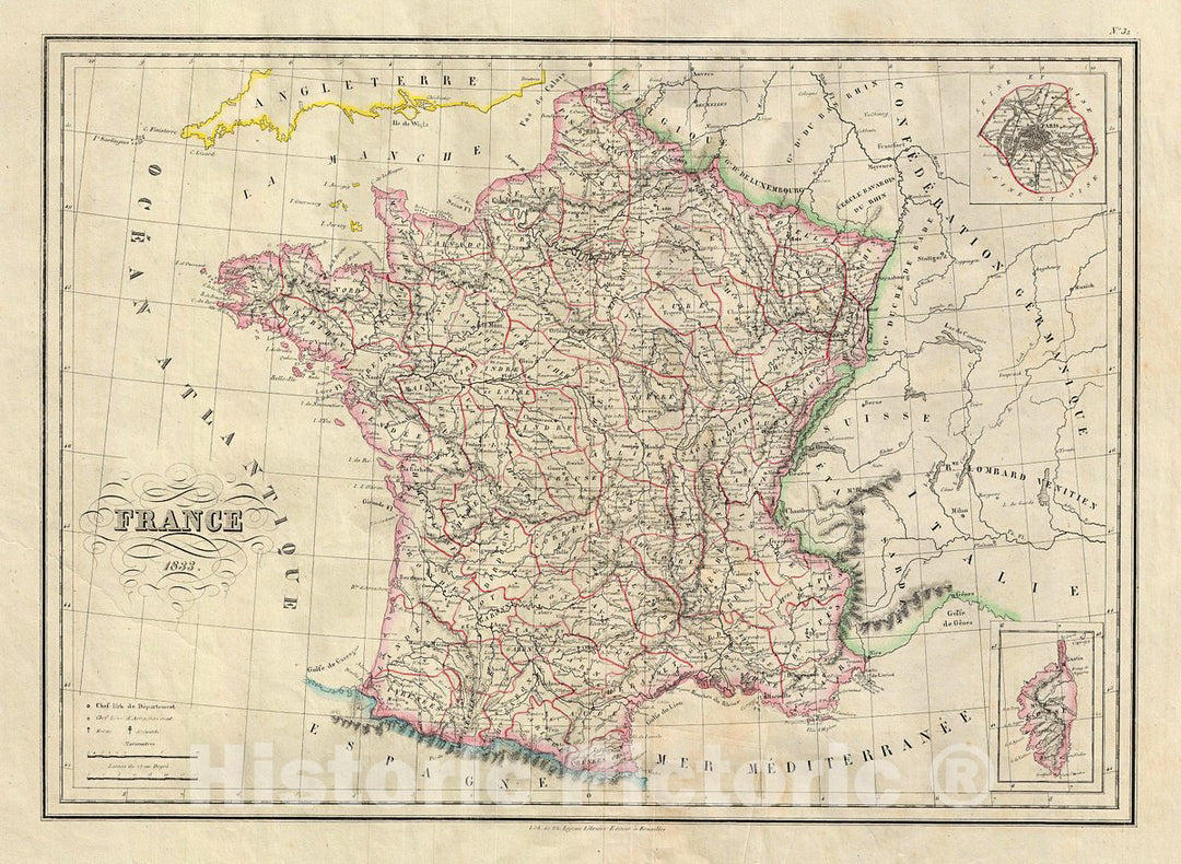 Historic Map : MalteBrun Map of France, 1833, Vintage Wall Art