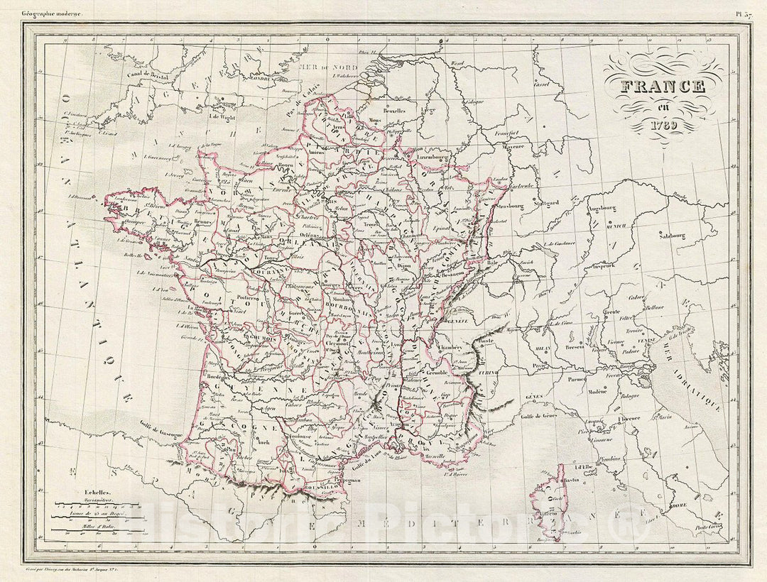 Historic Map : MalteBrun Map of France in 1789, 1843, Vintage Wall Art