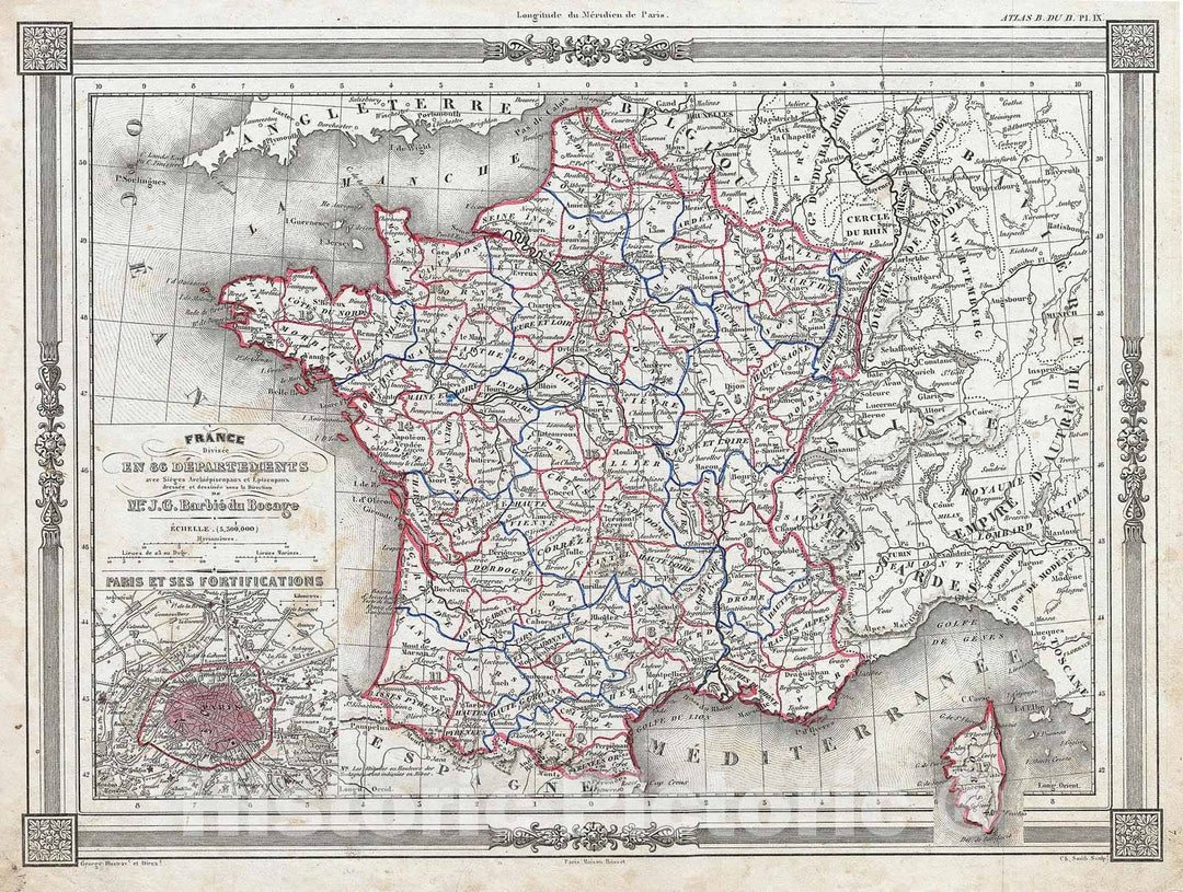 Historic Map : Bocage Map of France in Departments, 1852, Vintage Wall Art