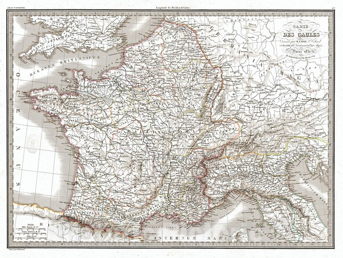 Historic Map : Lapie Map of France in Antiquity (Gaul), 1831, Vintage Wall Art