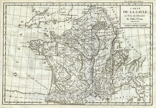 Historic Map : Delisle de Sales Map of France or Gaul During The Invasion of Julius Caesar, 1782, Vintage Wall Art