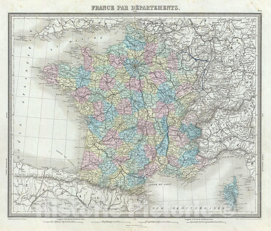 Historic Map : Tardieu Antique Map of France in Departments, 1874, Vintage Wall Art