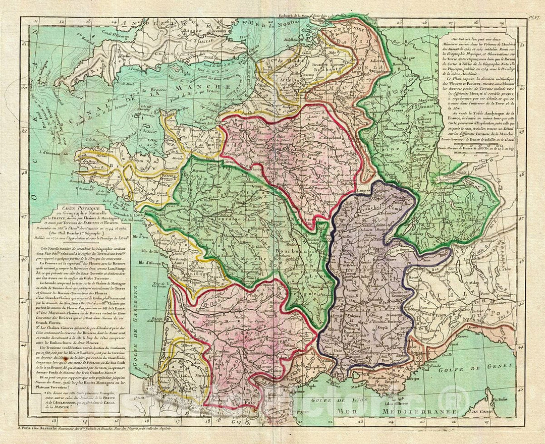 Historic Map : Buache de Neuville Physical Map of France, 1770, Vintage Wall Art