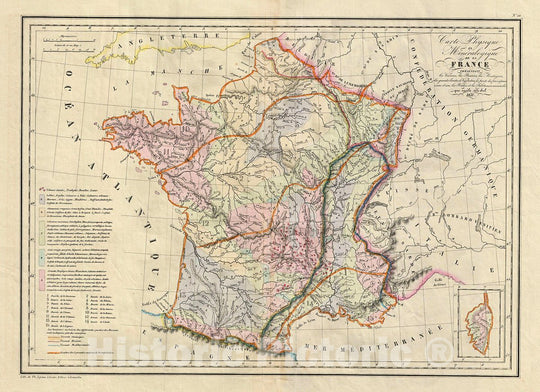 Historic Map : MalteBrun Physical and Mineralogical Map of France, 1833, Vintage Wall Art