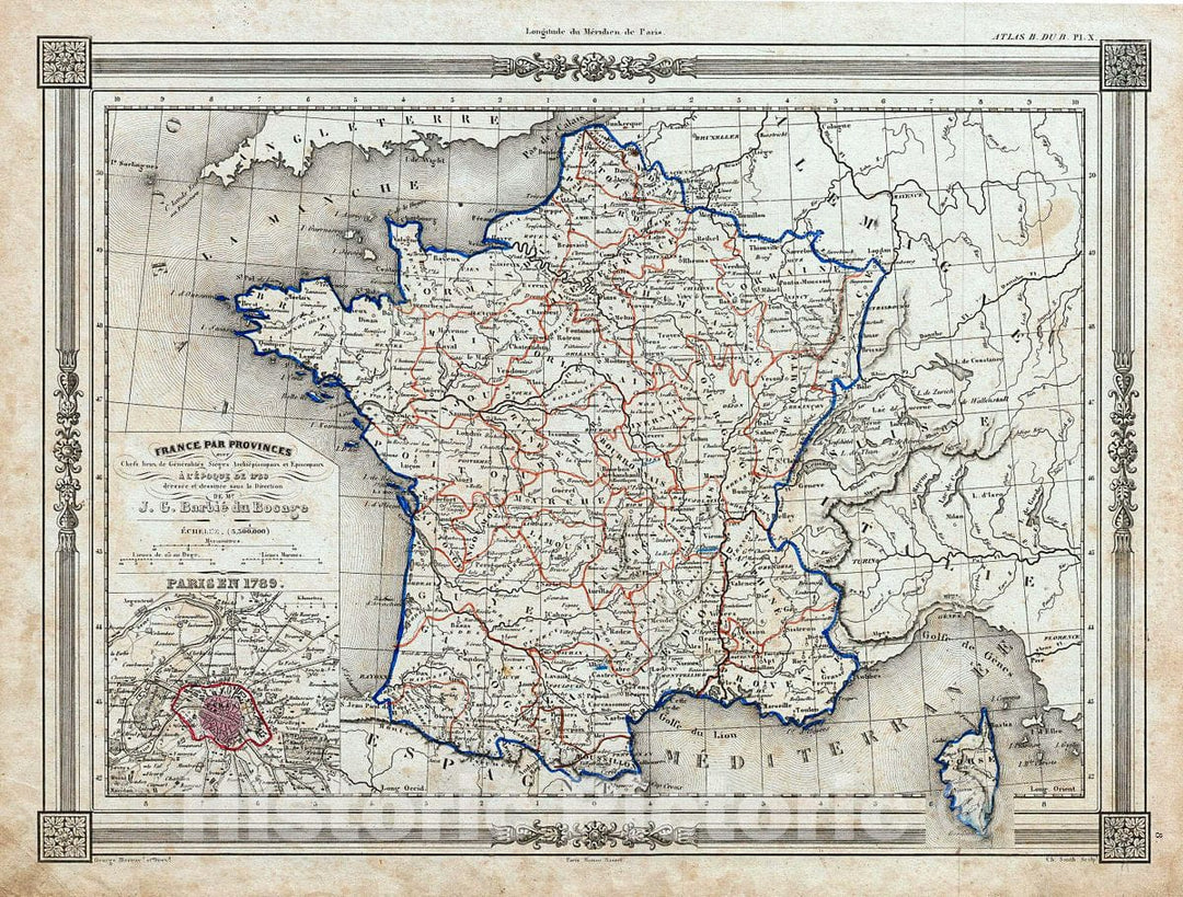 Historic Map : Bocage Map of France in Provinces, 1852, Vintage Wall Art