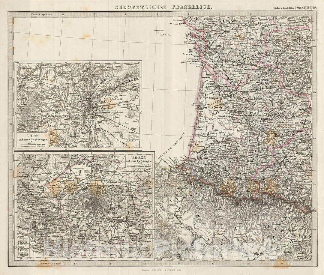 Historic Map : Stieler Antique Map of Southwest France, 1873, Vintage Wall Art