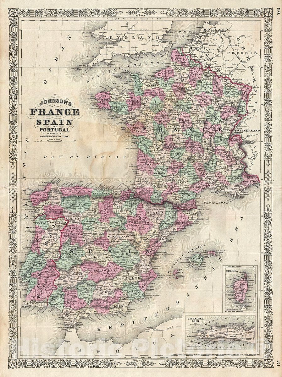 Historic Map : Johnson Map of France, Spain and Portugal, 1866, Vintage Wall Art