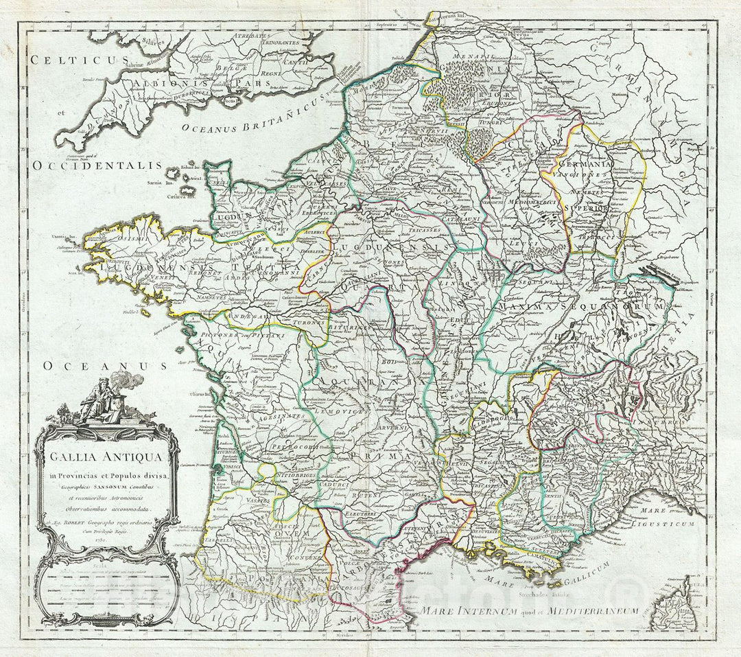 Historic Map : Vaugondy Antique Map of France in Antiquity, 1750, Vintage Wall Art