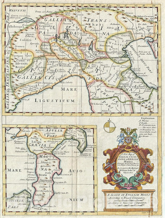 Historic Map : Wells Map of Northern Italy and Southern Italy in Antiquity, 1712, Vintage Wall Art