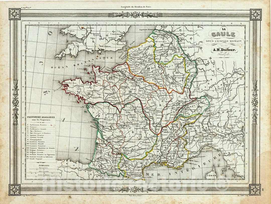 Historic Map : Dufour Map of France in Antiquity or Gaul, 1852, Vintage Wall Art