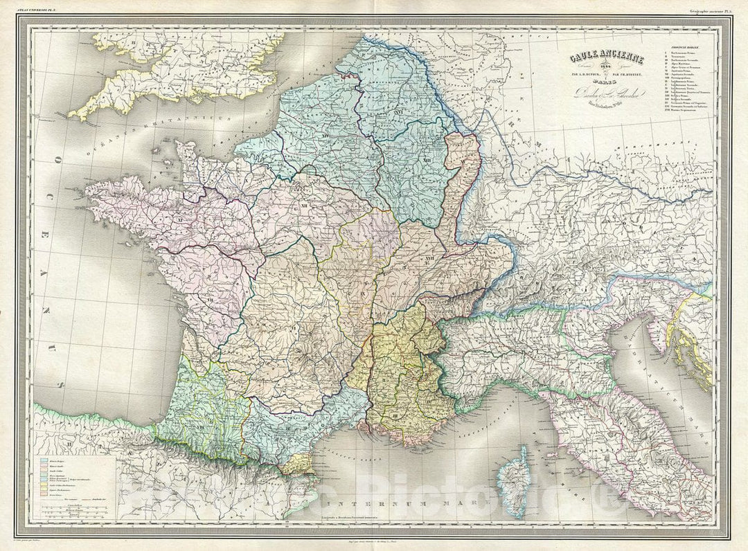 Historic Map : Dufour Map of Gaul or France in Ancient Roman Times, 1860, Vintage Wall Art