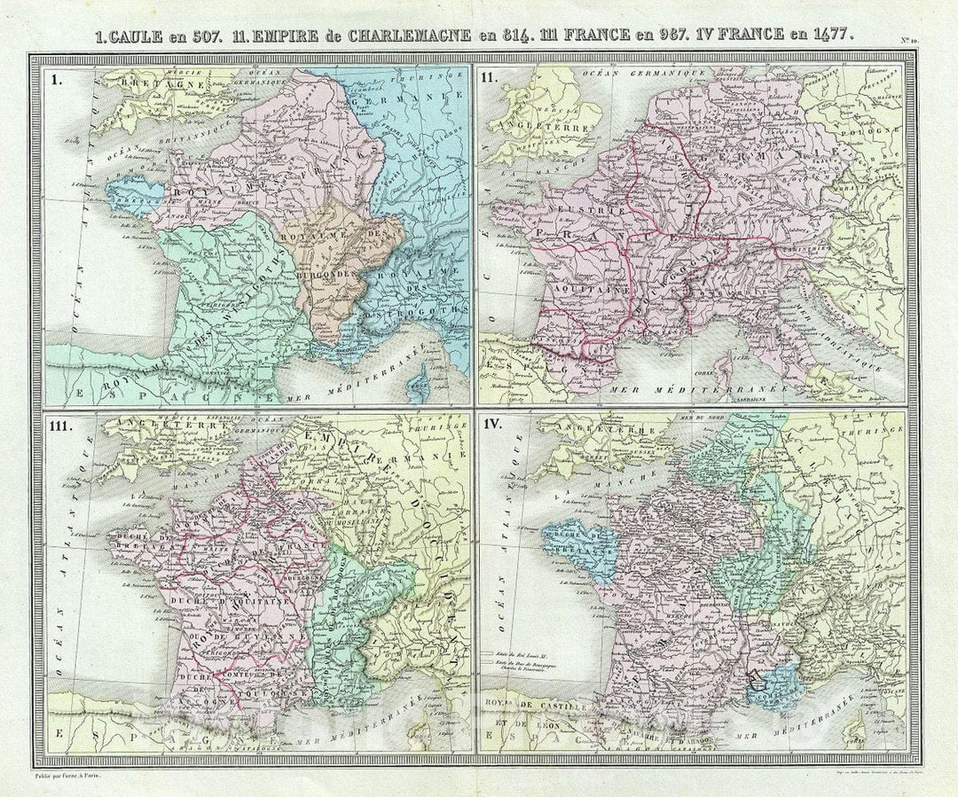 Historic Map : Tardieu Map of Gaul or France in 507, 816, 987 and 1677, 1874, Vintage Wall Art