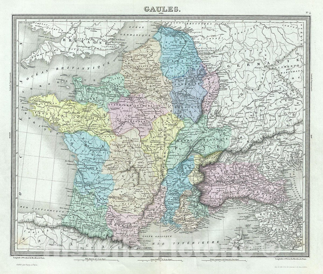 Historic Map : Tardieu Antique Map of Gaul or France in Ancient Roman Times, 1874, Vintage Wall Art