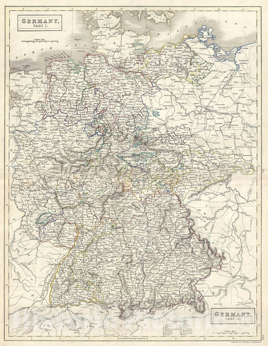 Historic Map : Black Map of Germany, 1844, Vintage Wall Art