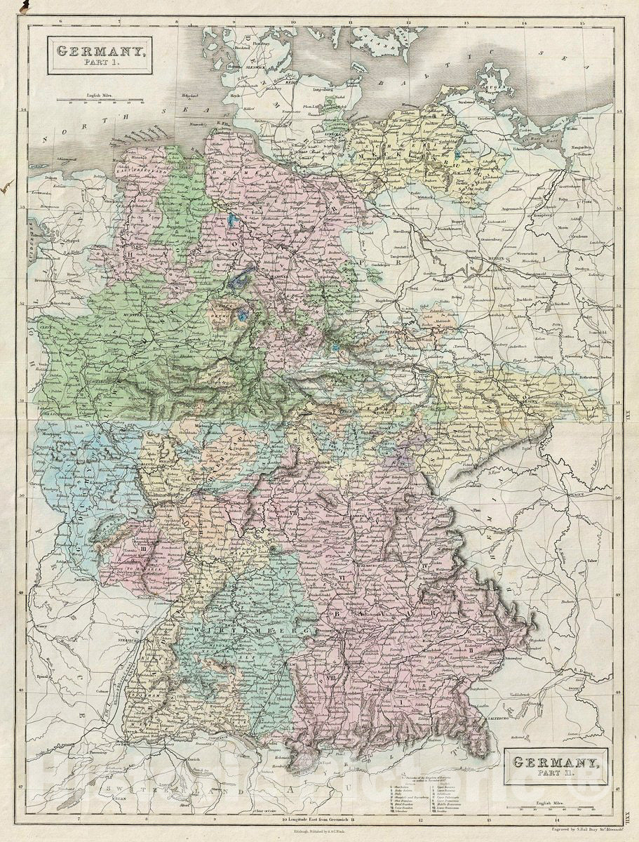 Historic Map : Black Map of Germany, Version 2, 1851, Vintage Wall Art