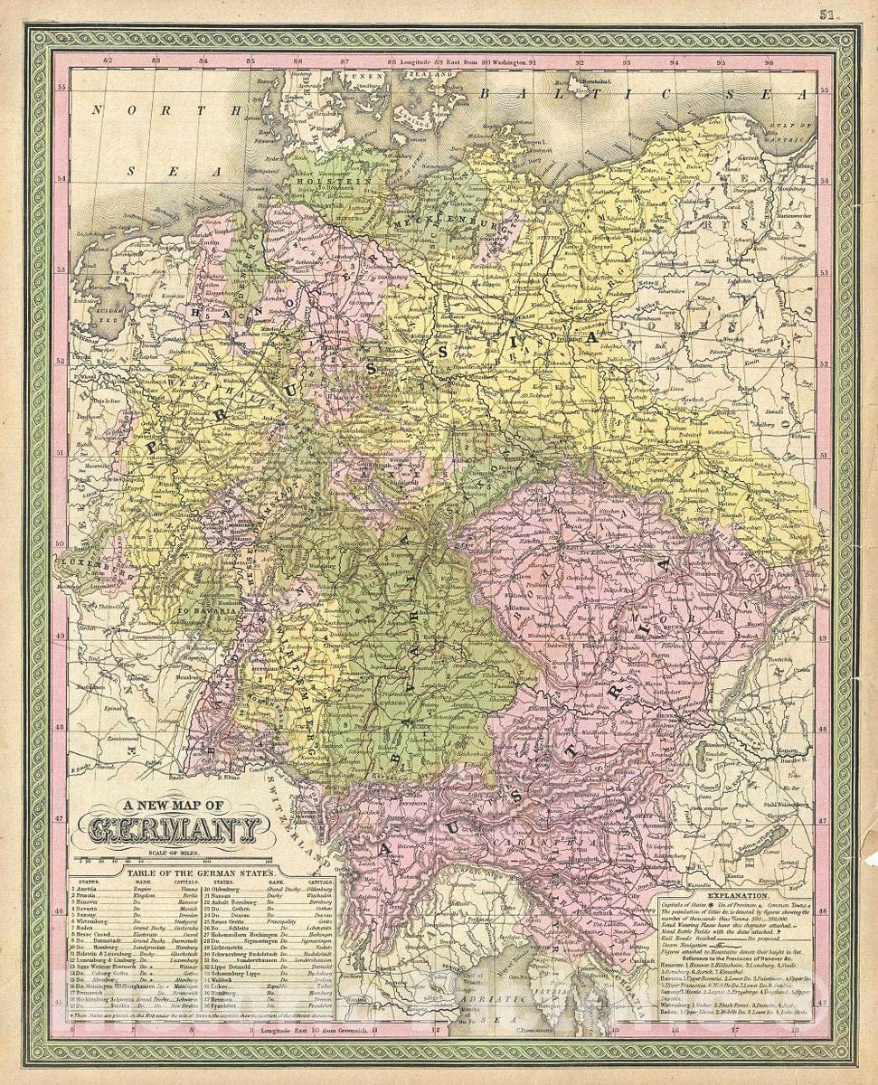 Historic Map : Mitchell Map of Germany, 1849, Vintage Wall Art