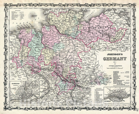 Historic Map : Johnson Map of Northern Germany (Holstein and Hanover), 1861, Vintage Wall Art