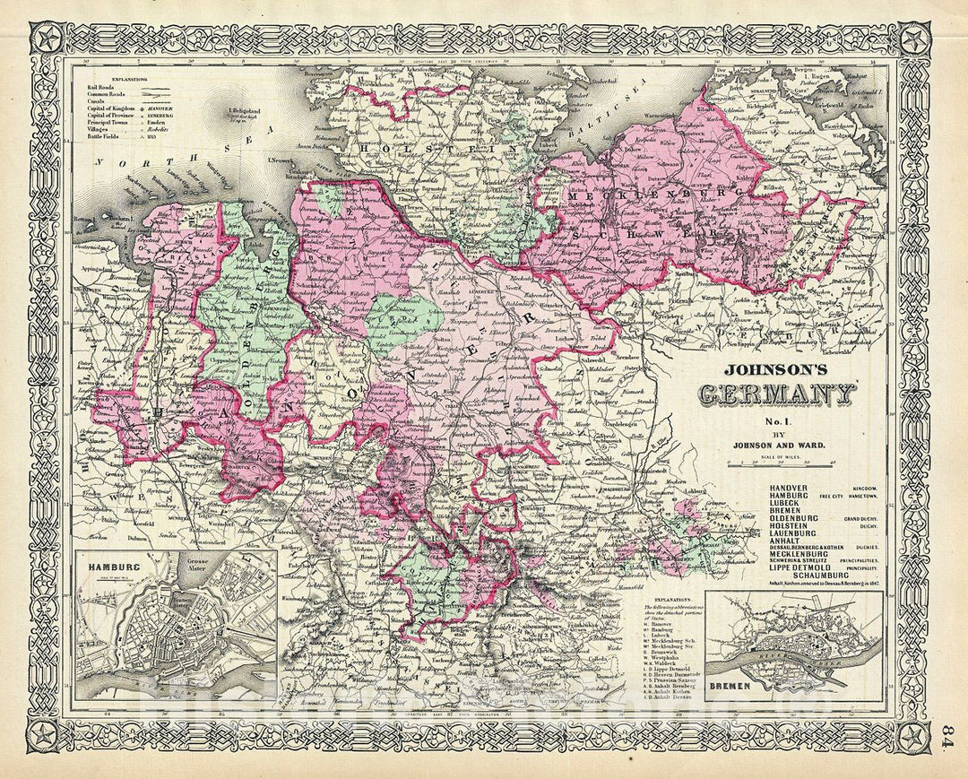 Historic Map : Johnson Map of Northern Germany (Holstein and Hanover), Version 2, 1864, Vintage Wall Art