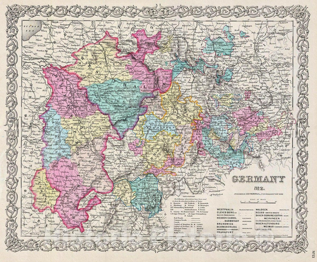 Historic Map : Colton Map of Western Germany: Westphalia, Rheinland, 1856, Vintage Wall Art