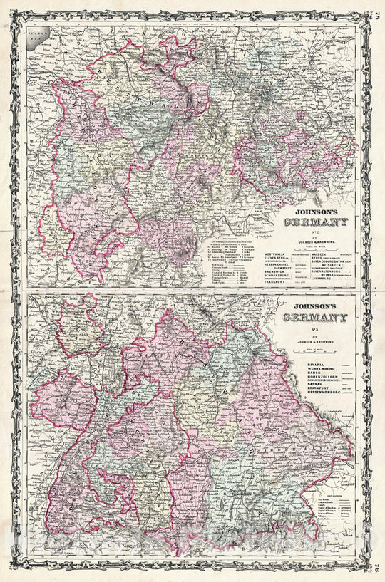 Historic Map : Johnson Map of Western Germany (Bohemia, Westphalia, Luxemburg), 1861, Vintage Wall Art