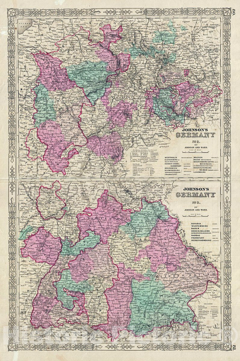 Historic Map : Johnson Map of Western Germany (Bohemia, Westphalia, Luxemburg), Version 3, 1863, Vintage Wall Art