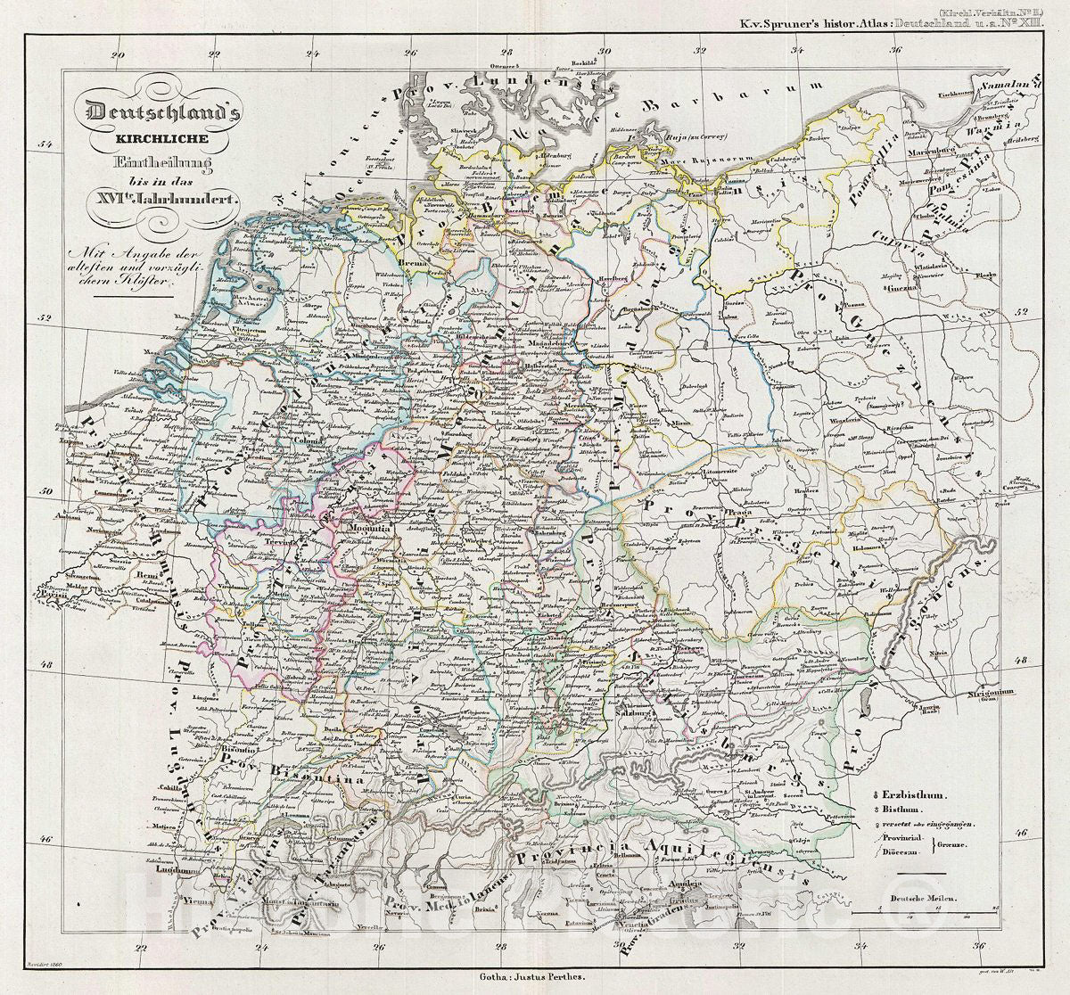 Historic Map : Spruner Antique Map of Germany with ecclasiastical divisions, 1854, Vintage Wall Art