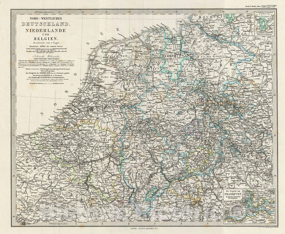 Historic Map : Stieler Map of Holland, Belgium and Northwestern Germany, 1873, Vintage Wall Art