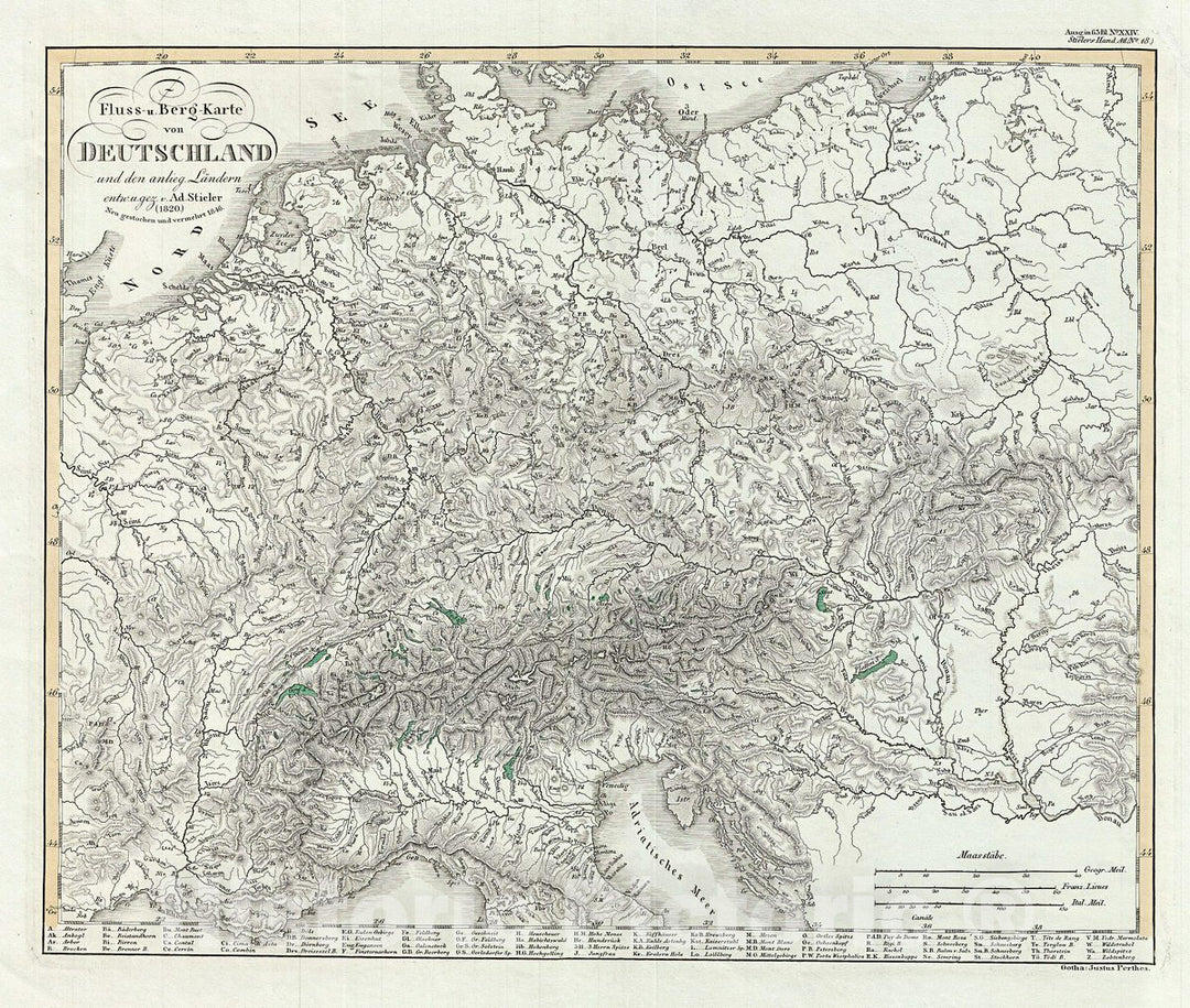 Historic Map : Perthes Physical Map of Germany, 1846, Vintage Wall Art