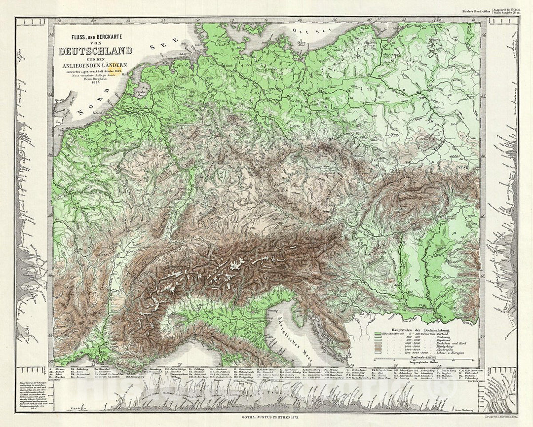 Historic Map : Stieler Physical Map of Central Europe, 1857, Vintage Wall Art