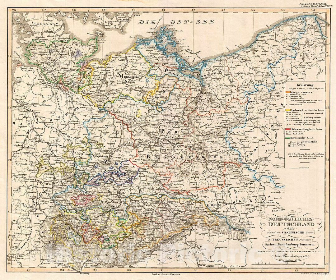 Historic Map : Perthes Map of Northeast Germany and Prussia, 1852, Vintage Wall Art