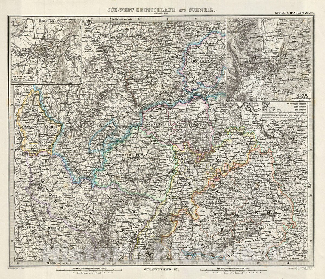 Historic Map : Stieler Antique Map of The Northern Part of Southwest Germany, 1873, Vintage Wall Art