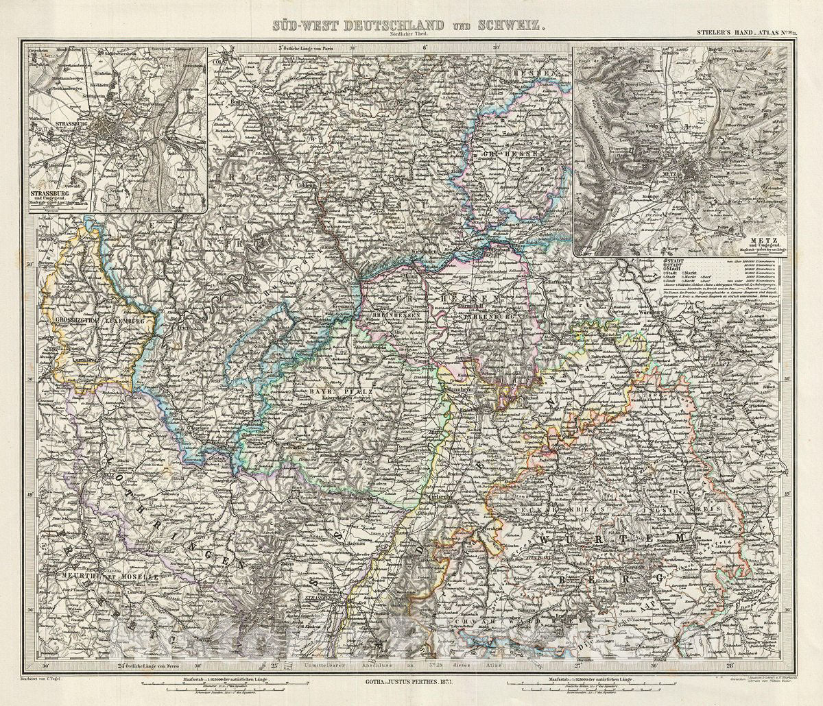 Historic Map : Stieler Antique Map of The Northern Part of Southwest Germany, 1873, Vintage Wall Art