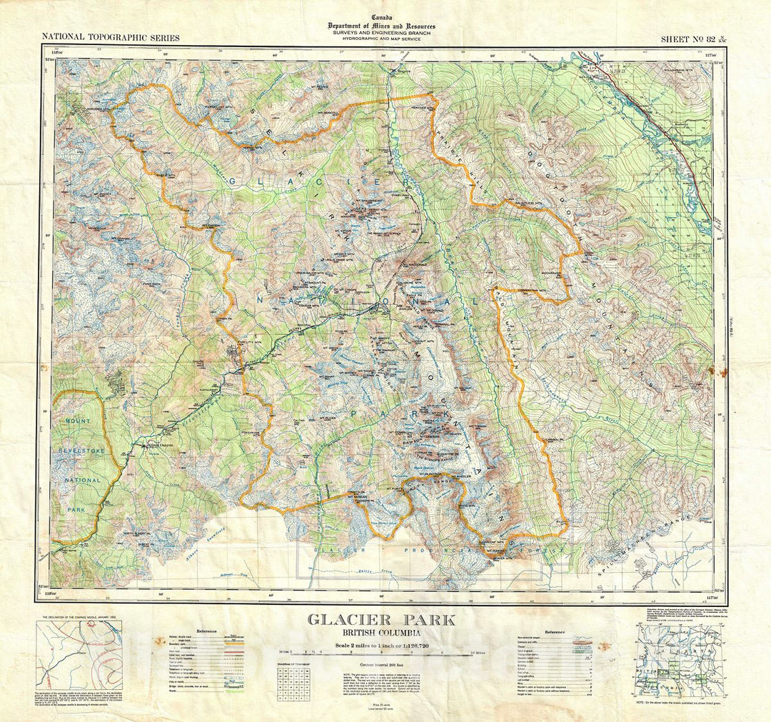 Historic Map : Topographic Antique Map of Glacier Park, British Columbia, Canada, 1946, Vintage Wall Art