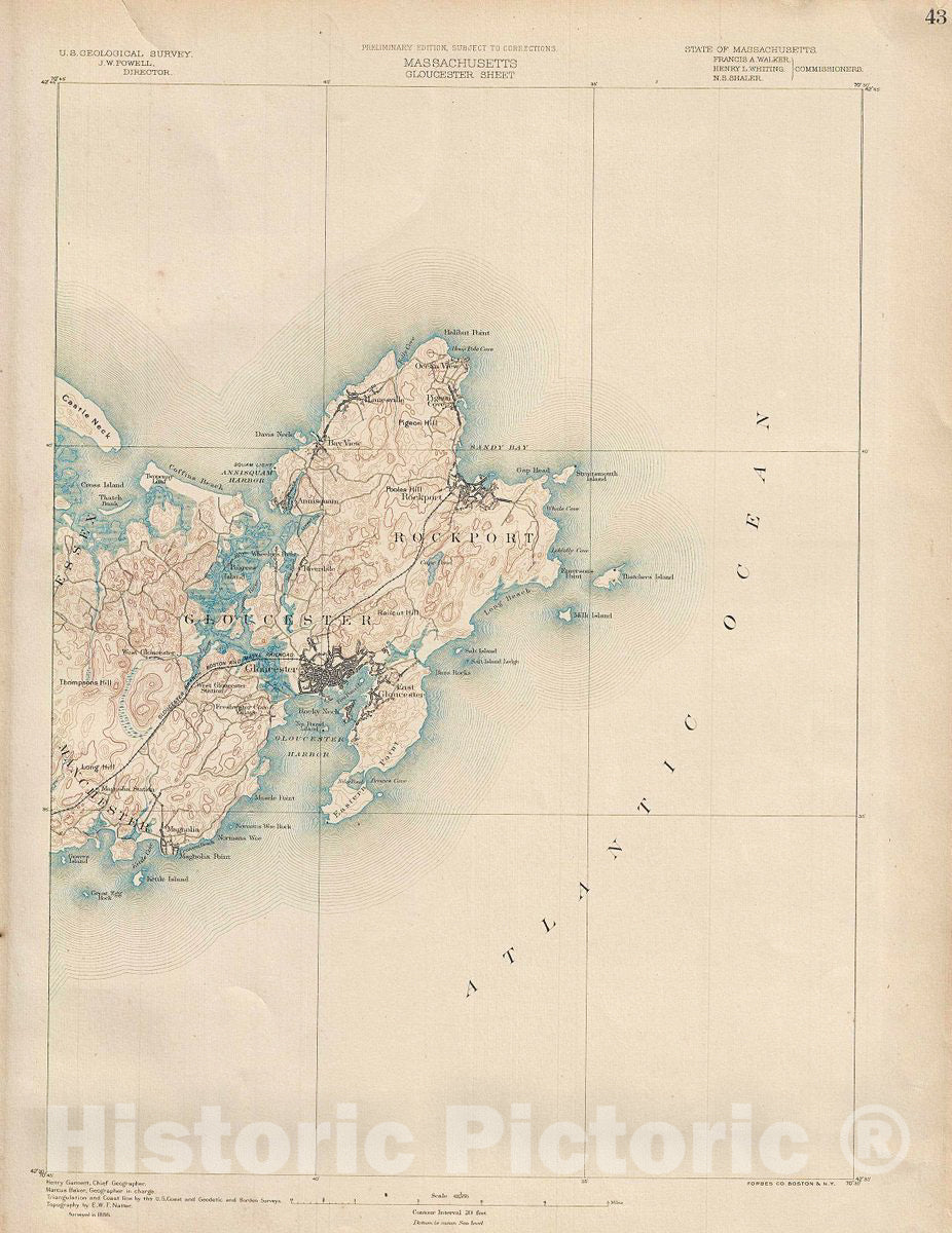 Historic Map : U. S. Geological Survey Chart or Map of Gloucester and Rockport, Massachusetts, 1890, Vintage Wall Art