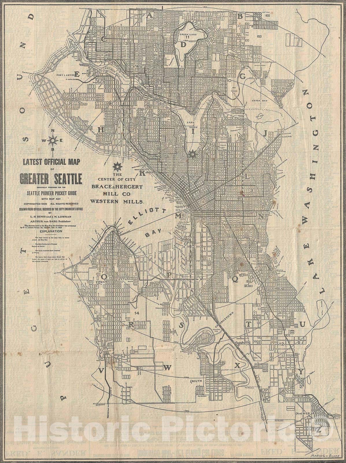 Historic Map : Bemis and Lowman Map or City Plan of Seattle, Washington, 1908, Vintage Wall Art