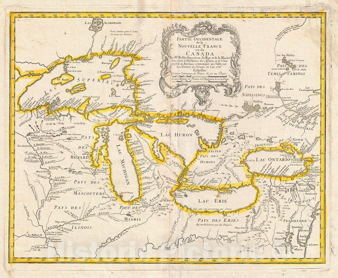 Historic Map : Homann Heirs and Bellin Map of The Great Lakes, 1755, Vintage Wall Art