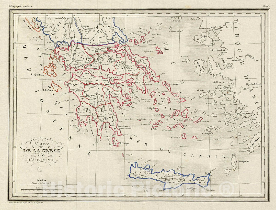 Historic Map : MalteBrun Map of Greece and The Archipelago, 1842, Vintage Wall Art