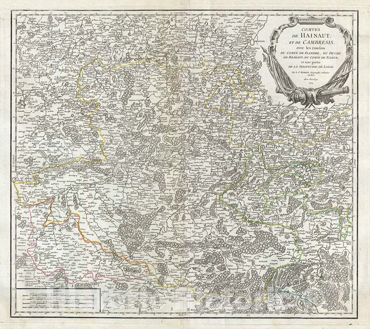 Historic Map : Vaugondy Antique Map of Counties of Hainaut and Cambrai, Belgium and France, 1754, Vintage Wall Art