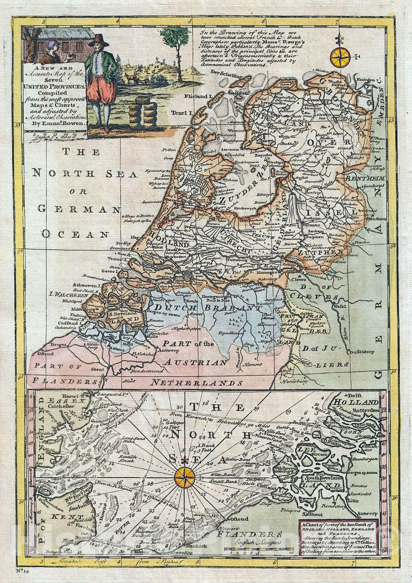 Historic Map : Bowen Map of The Netherlands (Holland) and The North Sea, 1747, Vintage Wall Art