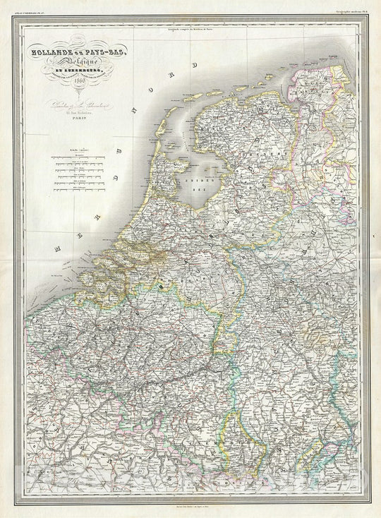 Historic Map : Dufour Map of The Netherlands (Holland), Belgium and Luxembourg, 1860, Vintage Wall Art