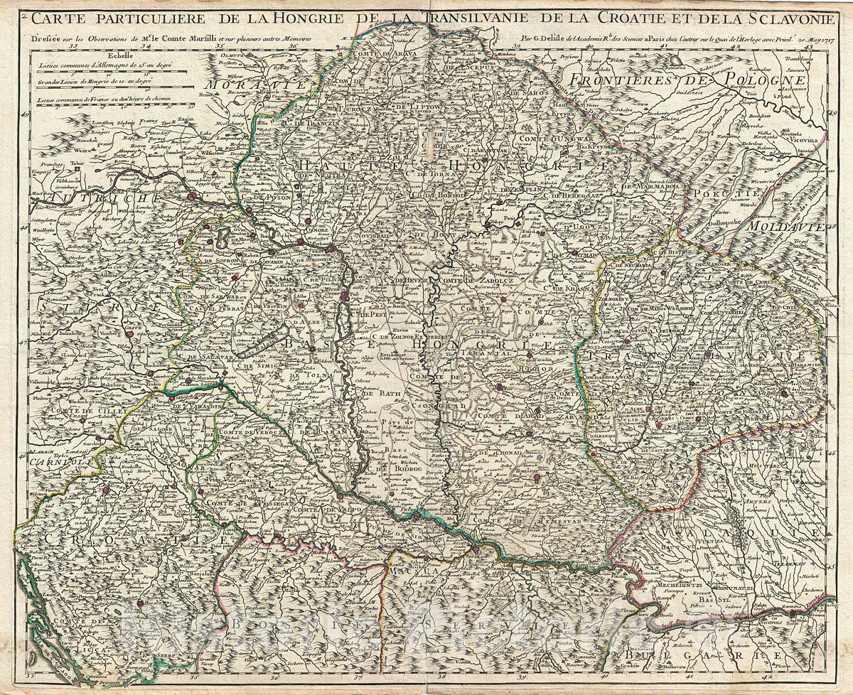 Historic Map : Delisle Map of Hungary, Slovakia and Romania, 1717, Vintage Wall Art