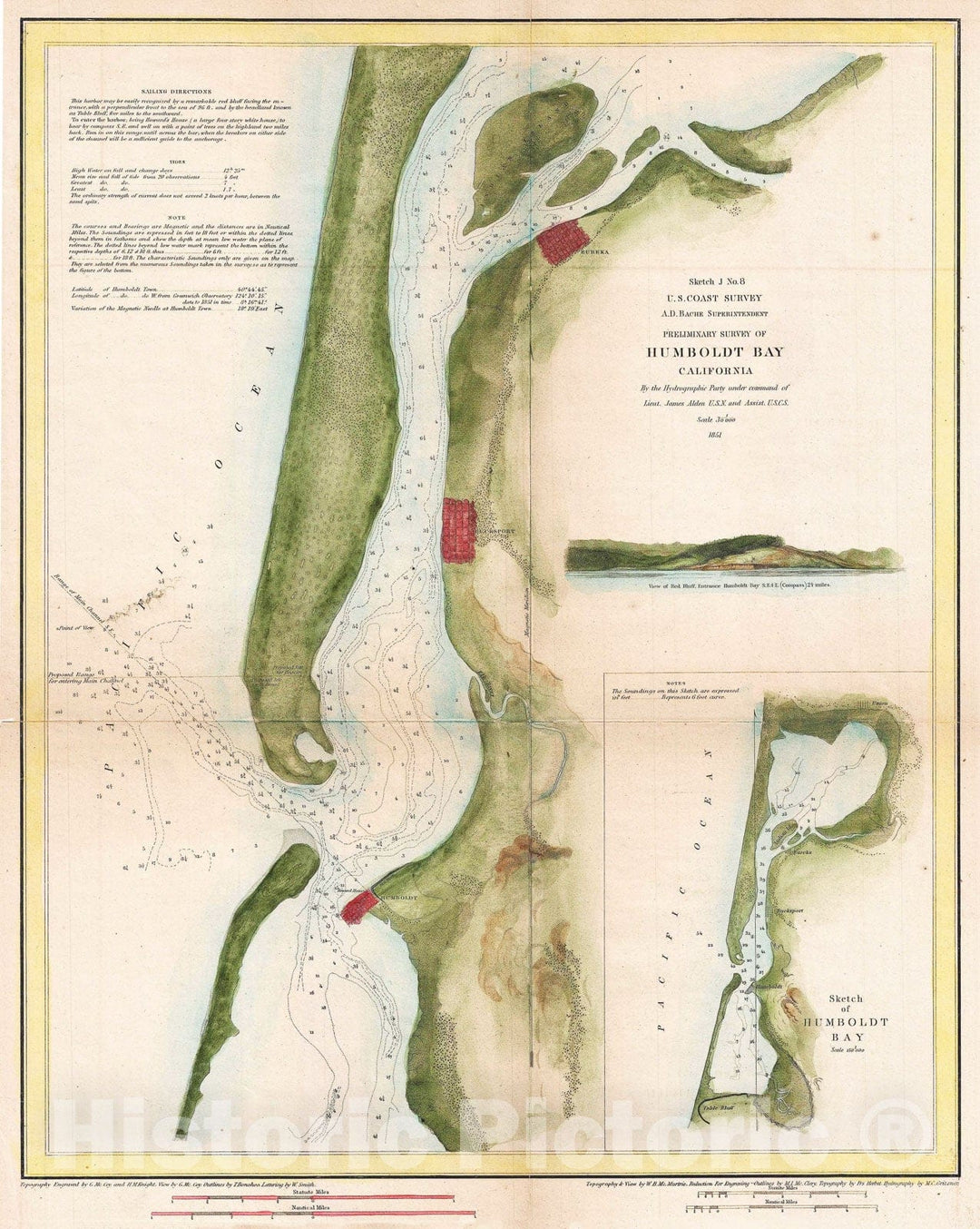 Historic Map : U.S. Coast Survey Chart or Map of Humboldt Bay, California, Version 2, 1851, Vintage Wall Art