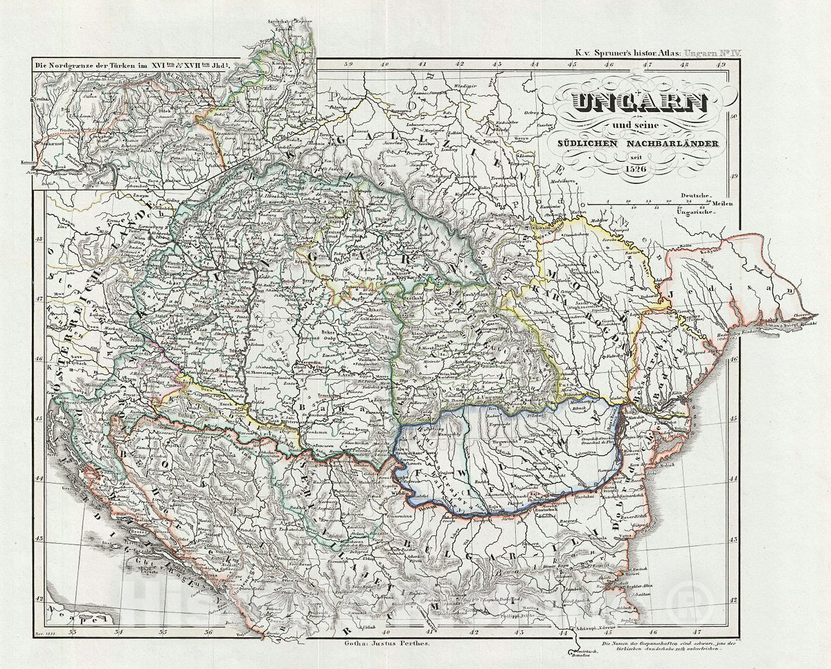 Historic Map : Spruner Map of Hungary in 1526, 1854, Vintage Wall Art