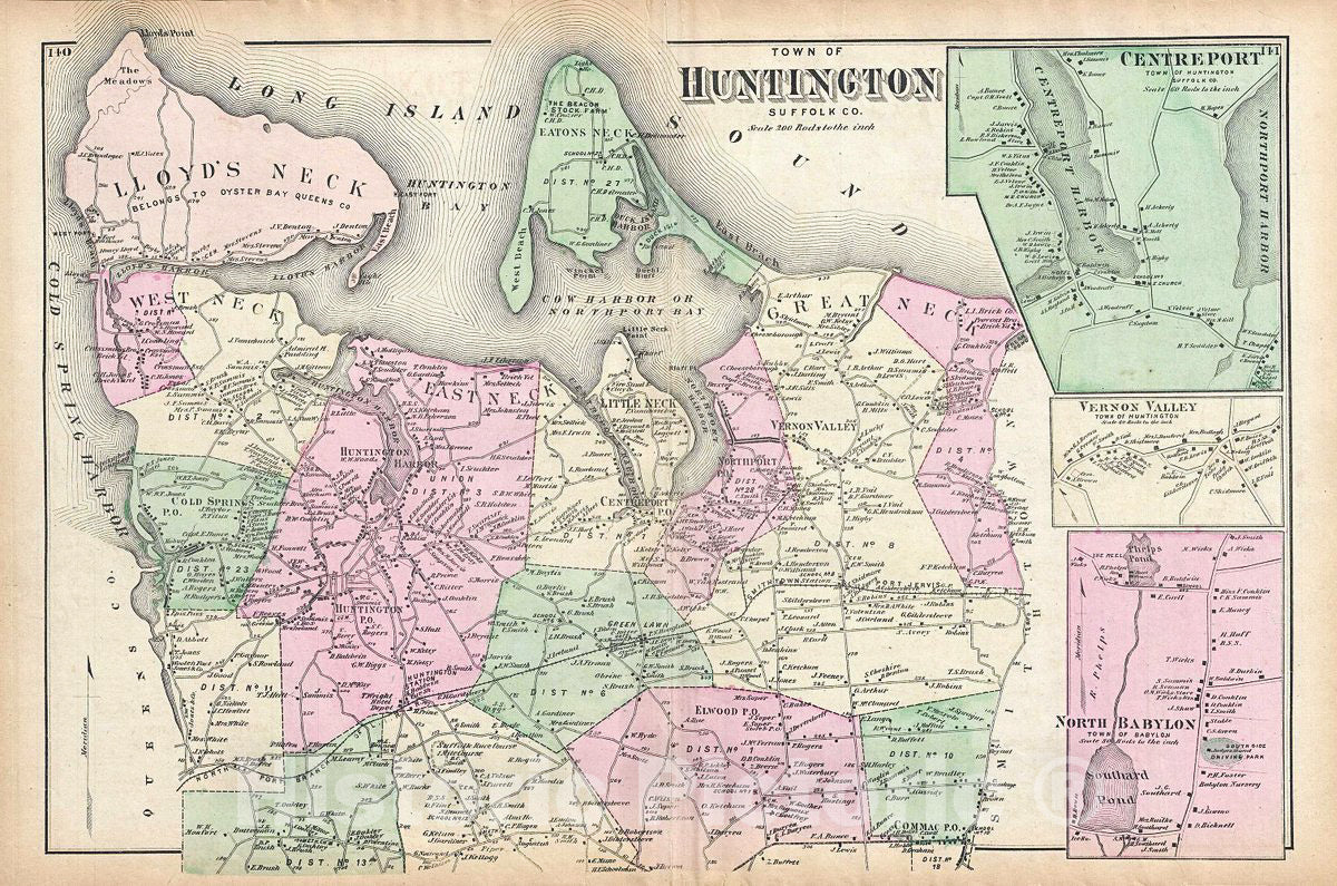 Historic Map : Beers Map of Huntington, Long Island, New York, 1873, Vintage Wall Art